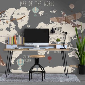 Papier peint carte - Papier peint carte du monde avion rétro 3D, papier peint autocollant, oeuvre d'art murale pour salon, chambre à coucher, bureau