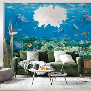 3D Animale Delfino Pesce rosso Corallo Alghe marine Carta da parati blu Carta da parati rimovibile-Staffa murale, Carta da parati per sala giochi Decorazione murale, r