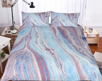 3D Marble Texture Duvet Covers Set, Blue Quilt Cover, Natural Bedding Set, Swirl Doona Cover, Luxury Queen Bedding, Abstract King Bedding