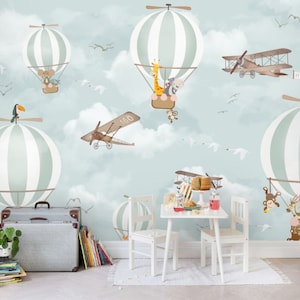 3D Hot Air Balloon Wallpaper, Animal Wall Mural, Cartoon Wall Decor, Kids Wall Art, Peel and Stick, Removable Wallpaper, Wall Sticker