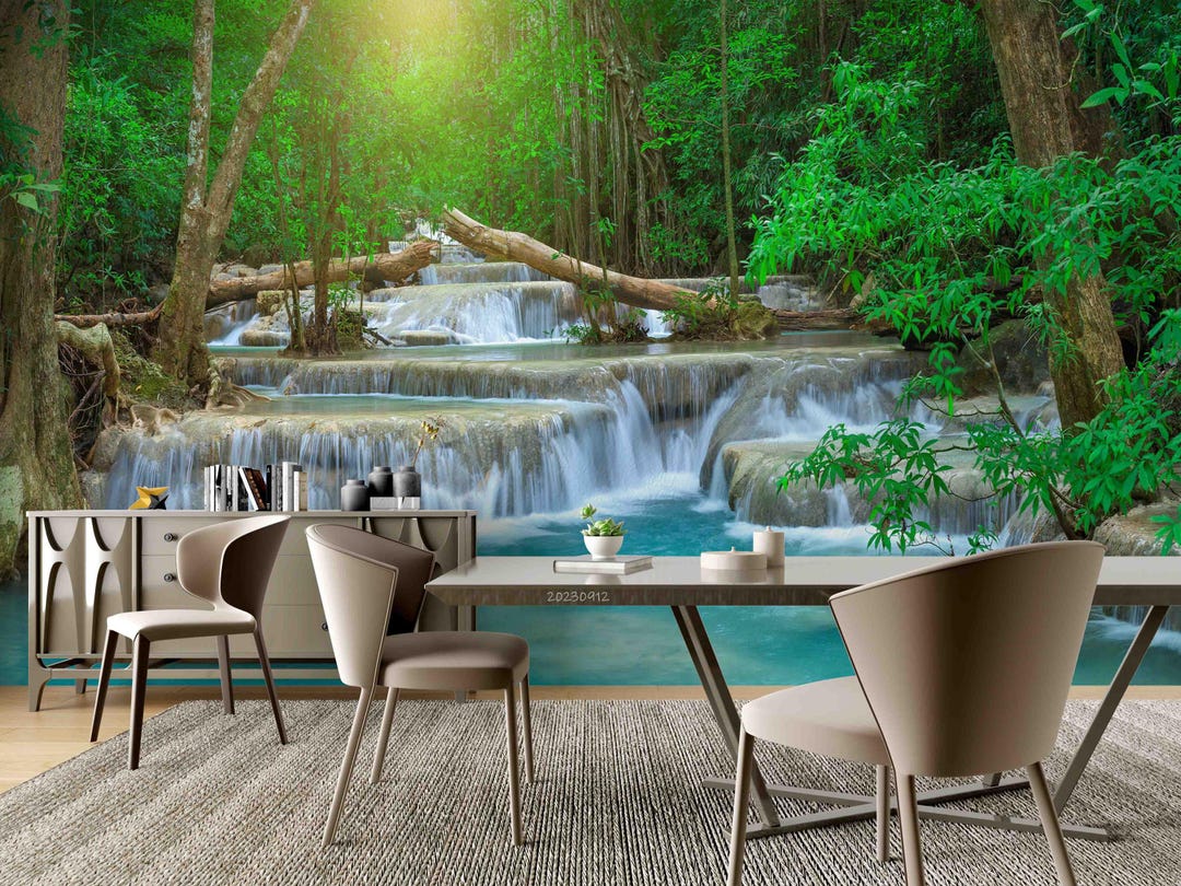 Green Forest Waterfall Landscape Wallpaper Mural – Peel and Stick - Etsy