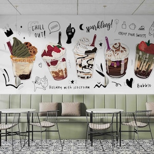 3D-Eiscreme, Cartoon, Bubble Tea, Milchteeladen, Perlentee, Wandkunst, abziehen und aufkleben, abnehmbare Tapete, Wandaufkleber 34