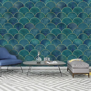 Papel pintado con escamas de pez azules, decoración de pared abstracta, autoadhesivo