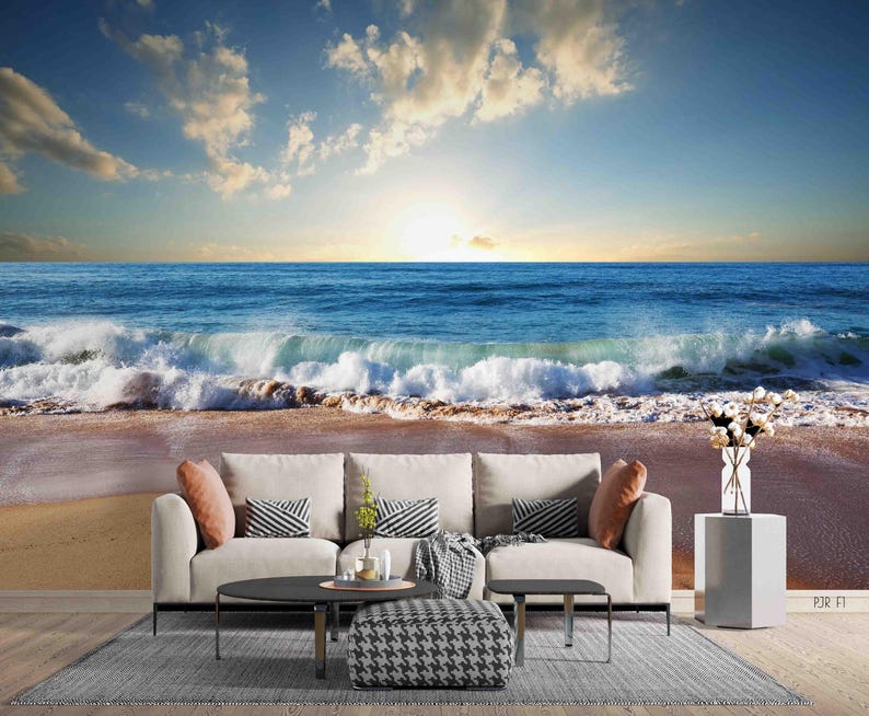 Beach Scene Wall Mural – Blue Sea & Sunny Sky, Peel and Stick Wallpaper ...