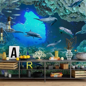 Carta da parati rimovibile con animali 3D, delfino, barriera corallina, piante, carta da parati rimovibile, decorazione murale con staccare e incollare, carta da parati per sala giochi, r