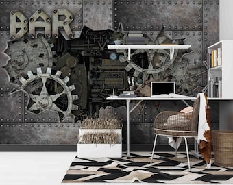 3D Gear Wallpaper, Textured Wall Mural, Industrial Wall Decor, Grey Wall Art, Peel and Stick, Removable Wallpaper, Wall Sticker