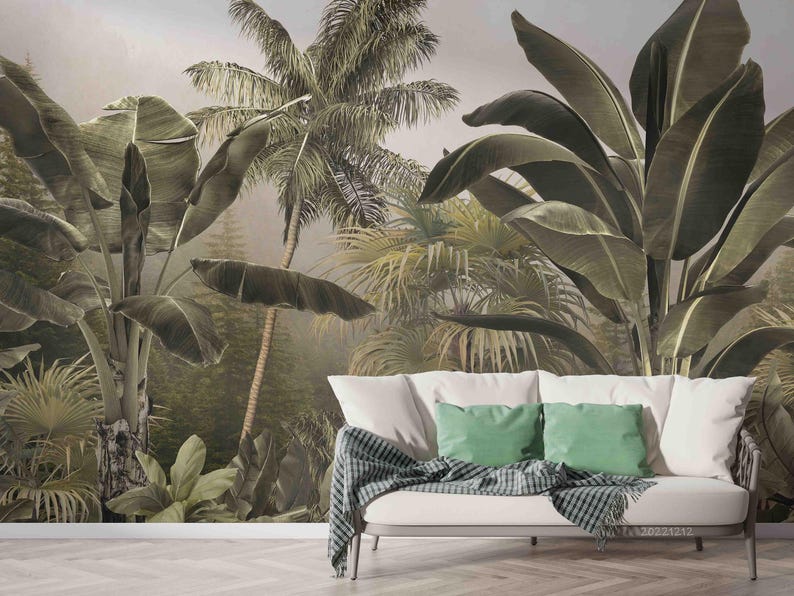Tropical Jungle Wallpaper Mural – 3D Green Plant Landscape, Peel and ...