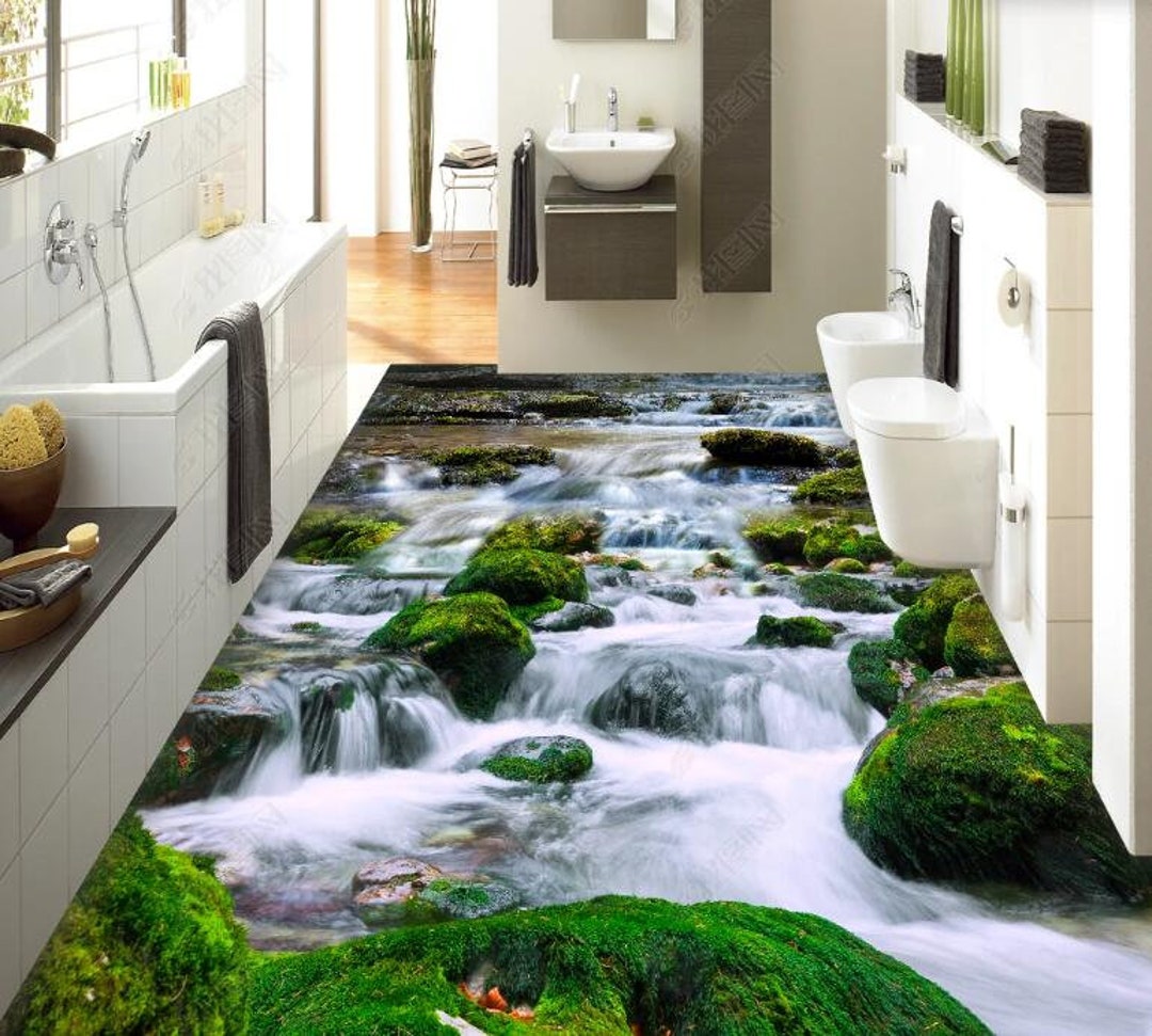 3D River Stream Moss Green, Vinyl Floor Mural, Self-adhesive Vinyl ...