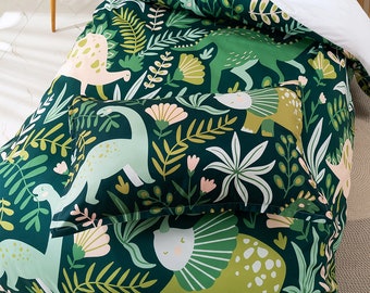 Dinosaur Duvet Cover Set Twin Size – Palm Trees Wildlife Bedding For Boys/Teens Room Decor (2pc With 1 Pillowcase) - View #9