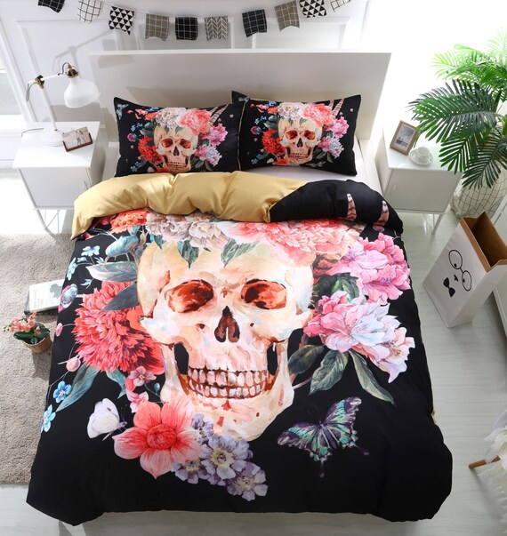 3d Black Flower Skull Bedding Set Quilt Cover Duvet - Black Skull Bedding 3d Black Flower Skull Bedding Set Quilt Cover Duvet - Black Skull Bedding