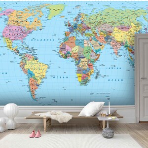 Papel pintado azul del mapa del mundo 3D, papel pintado extraíble, Mural de pared para pelar y pegar, decoración de pared para sala de juegos, r