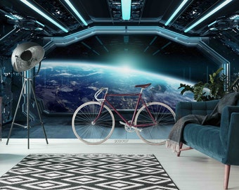 May include: A red bicycle with a white frame and white tires is parked in a futuristic room with a view of Earth through a large window. The room has a blue and gray color scheme and features a blue couch and a black and white rug.
