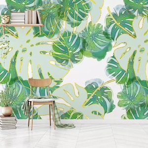3D Green Monstera Leaf Wallpaper, Golden Thread, Peel and Stick