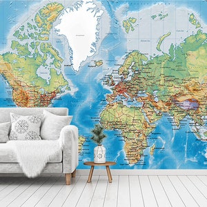 3D Weltkarte Wandbild, Detaillierte Karte Wandbild, Land Platte Wand Dekor, Ozean Platte Wand Kunst, Schälen und Kleben, Abnehmbare Tapete