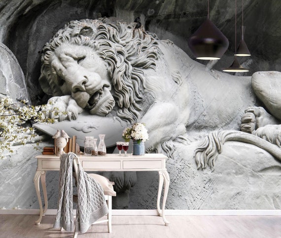 3D Lion Wallpaper Lying Lion Wall Mural Relief Wall Decor - Etsy