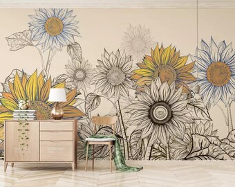 3D Sunflower Wallpaper, Floral Wall Mural, Sketch Wall Decor, Old Wall Art, Peel and Stick, Removable Wallpaper, Wall Sticker