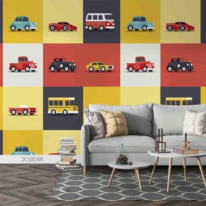 Cartoon muurmuurschildering – 3D verschillende auto's puzzel kinderbehang, Peel and Stick-behang, kunst aan de muur voor woonkamer, slaapkamer en kantoor
