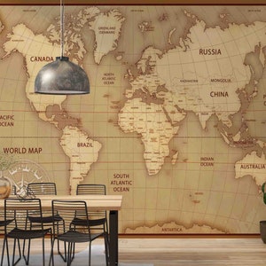 Retro Brown World Map 3D Peel and Stick, Fondo de pantalla extraíble, Mural de pared, Fondo de pantalla autoadhesivo, Calcomanías de pared, Mural de fondo de pantalla
