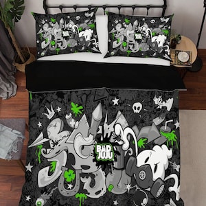 Juego de fundas de edredón con grafiti en 3D, funda de edredón con diseño de monstruo, juego de cama con calaveras, funda de edredón con letras, ropa de cama individual en color negro, ropa de cama verde
