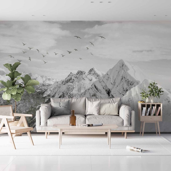 Sky Snow Mountain Birds Scenery 3D Peel and Stick, Removable Wallpaper, Wall Mural, Self-adhesive Wallpaper, Wall Decals, Wallpaper Mural