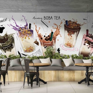 Disegno a mano in 3D, Bubble Tea, Negozio di tè al latte, Tè alla perla, Arte murale, Stacca e attacca, Carta da parati rimovibile, Adesivo murale 30