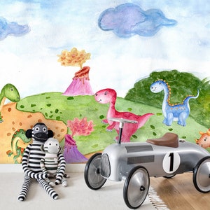 3D dinosaurus behang, kleurrijke muur muurschildering, aquarel wand decor, cartoon kunst aan de muur, Peel en Stick, verwisselbaar behang, muur sticker