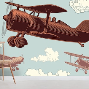 3D oud vliegtuig behang, Sky muur muurschildering, Cartoon Wall Decor, Kids Wall Art, Peel en Stick, verwisselbaar behang, muursticker