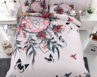 3D Dreamcatcher Duvet Covers Set, Feather Quilt Cover, Butterfly Bedding Set, Bird Doona Cover, Wing Queen Bedding, Watercolor King Bedding