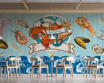 Papel pintado de restaurante 3D, mural de pared de mariscos, decoración de pared ondulada, arte de pared de comida, pelar y pegar, papel pintado extraíble, pegatina de pared