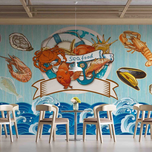 3D Restaurant Wallpaper, Seafood Wall Mural, Wave Wall Decor, Food Wall Art, Peel and Stick, Removable Wallpaper, Wall Sticker