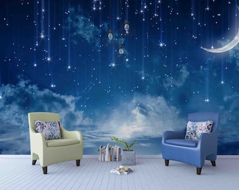 3D Night Sky Wallpaper, Stars Moon Clouds Wall Mural (Peel and Stick)