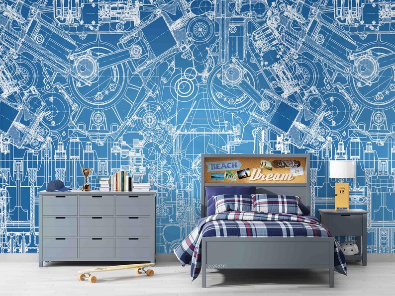 Steampunk Wall Mural –mechanical Engineering Drawings, Peel and Stick ...