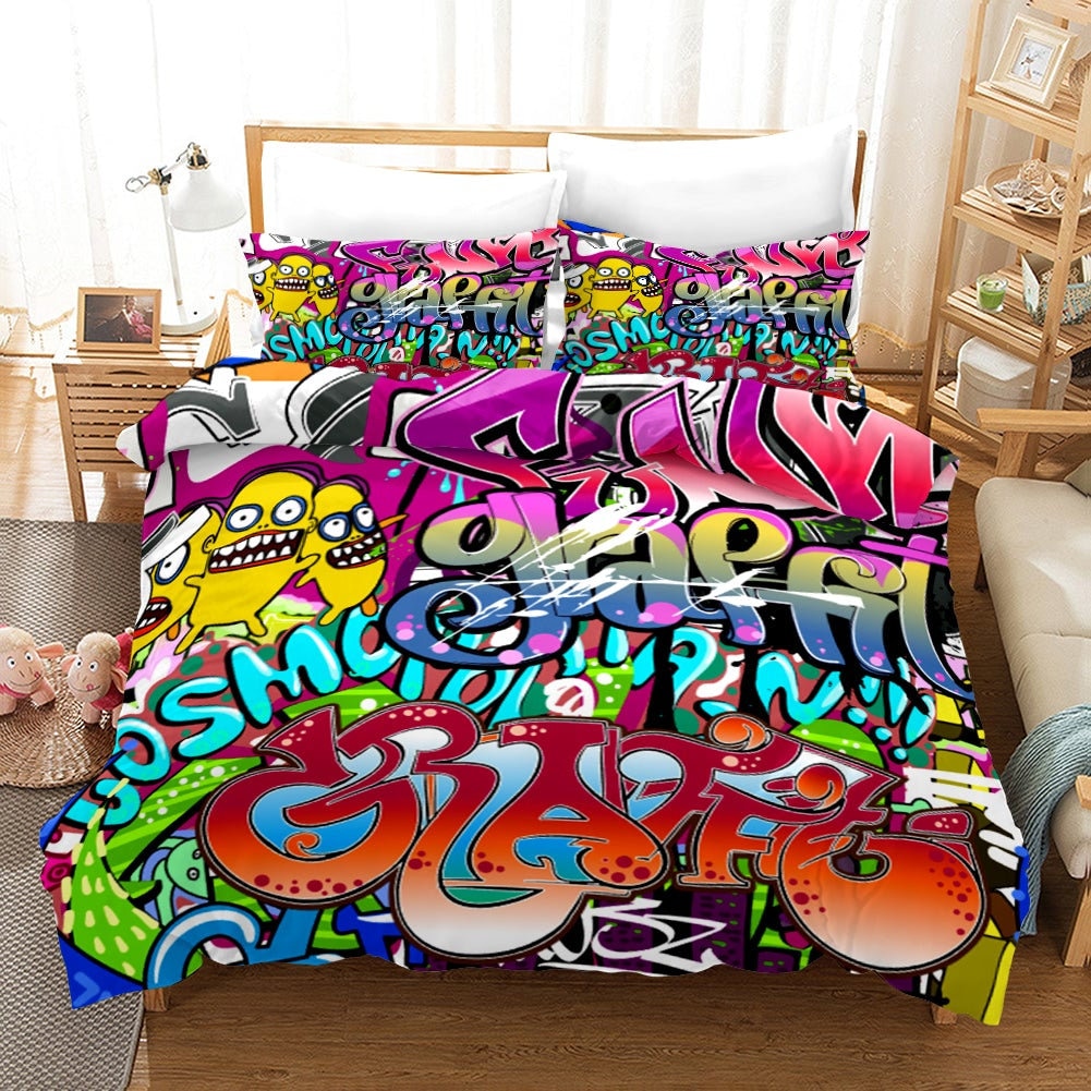 Hip Hop Graffiti Bedding Set - 3 Piece Duvet Cover & Pillow Shams, Queen Size