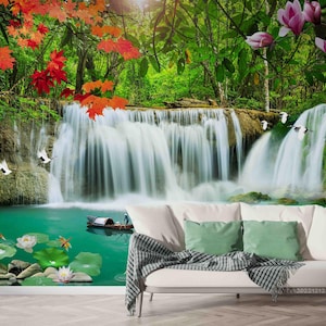 Wasserfall Wald Wallpaper Wandbild – Blumen Landschaft, Schälen und Aufkleben