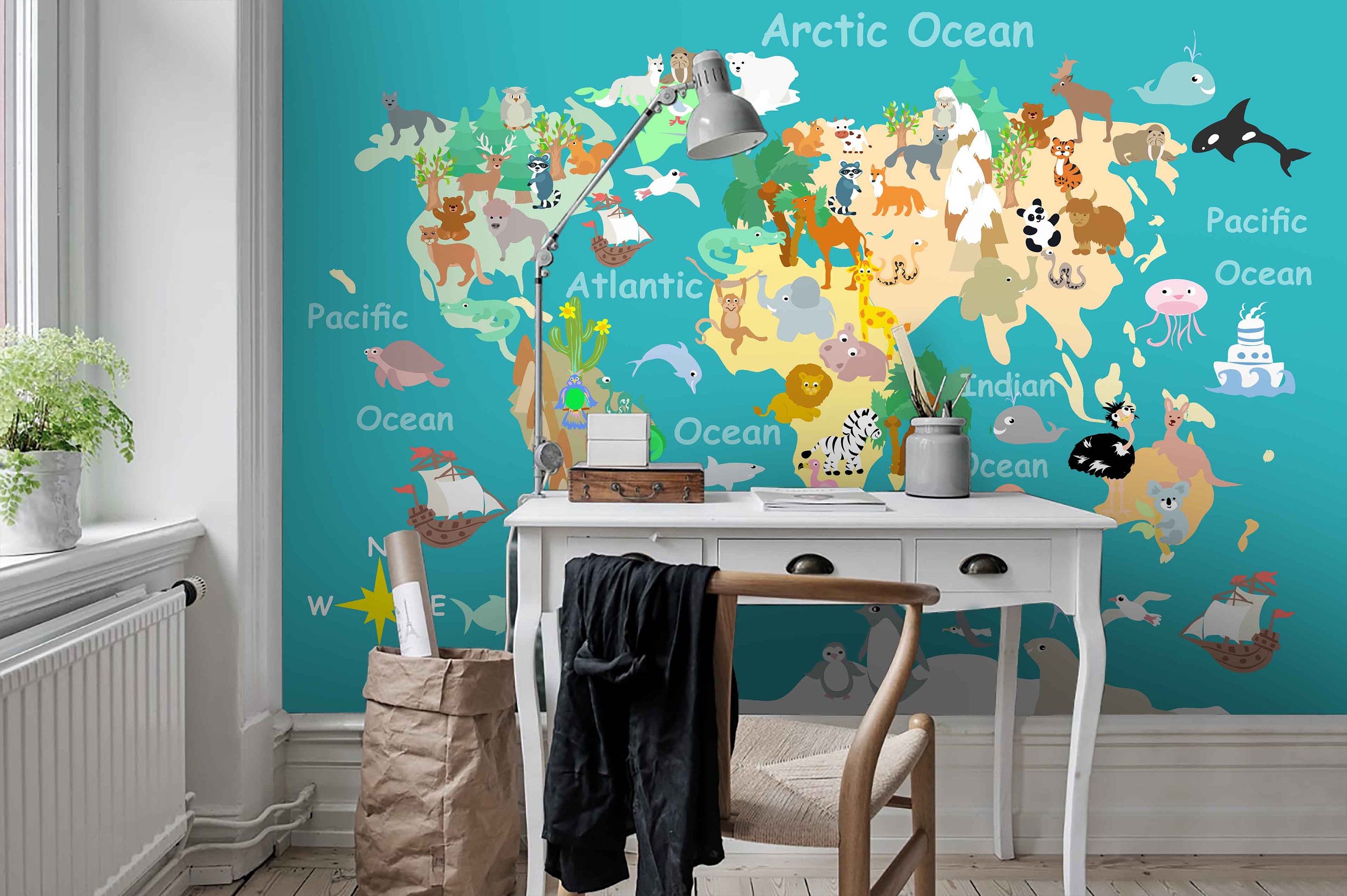 3D World Map Wallpaper Animal Wall Mural Cartoon Wall Decor Etsy