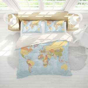 Juego de fundas de edredón de mapa mundial en 3D, funda de edredón detallada, juego de ropa de cama de mar azul, funda Land Doona, ropa de cama Tradition Queen, ropa de cama Map King