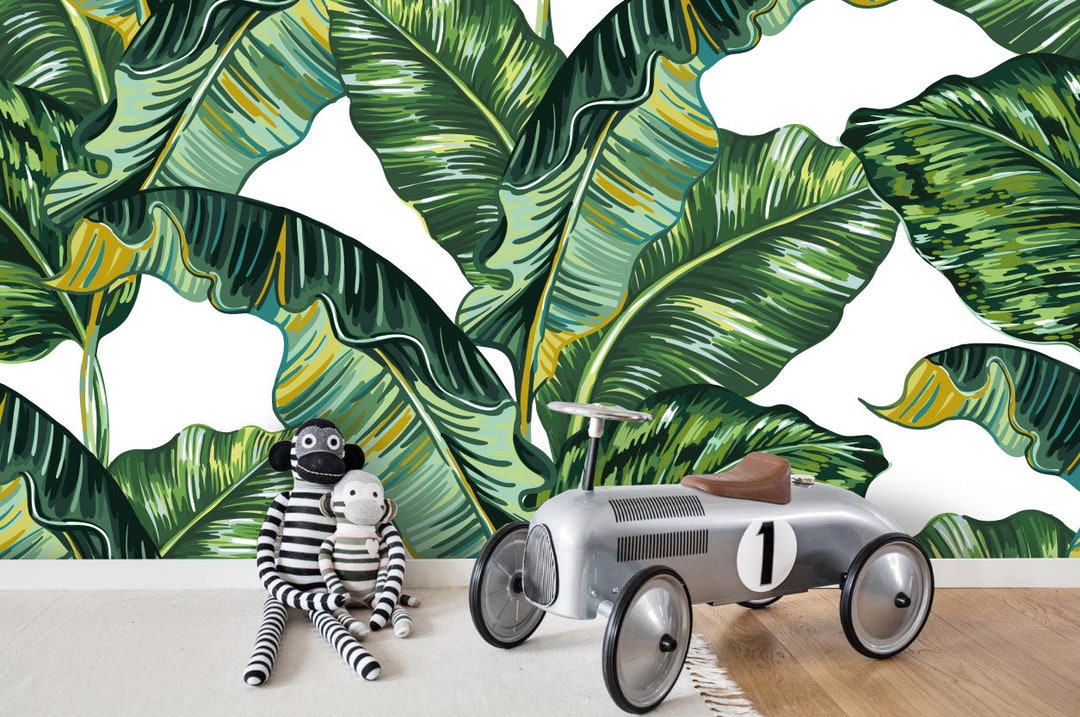 Banana Leaf Wallpaper Mural, Tropical Green Wall Decor, Peel and Stick ...