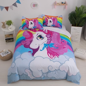 3D Unicorn Duvet Covers Set, Cartoon Quilt Cover,  Rainbow Bedding Set, Cloud Doona Cover, Girl Twin bedding, Kids Bedding Set, Pillowcases