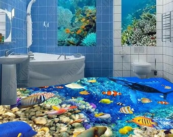 Mural de vinilo para suelo con diseño de mundo submarino en 3D, peces y corales