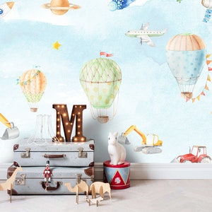 3D Hot Air Balloon Wallpaper, Cartoon Wall Mural, Vehicle Wall Decor, Kids Wall Art, Peel and Stick, Removable Wallpaper, Wall Sticker