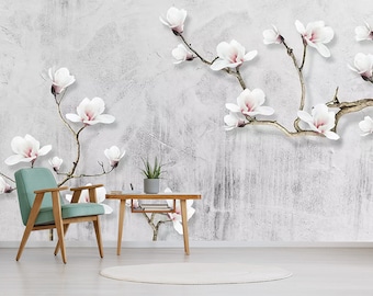3D Magnolia Floral Wallpaper Mural, Peel and Stick Branch Wall Decor