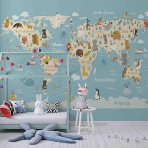 Carta da parati murale con mappa del mondo - Carta da parati per bambini con mappa del mondo in 3D con animali e cartoni animati, carta da parati staccabile e adesiva, arte murale per soggiorno, camera da letto, ufficio