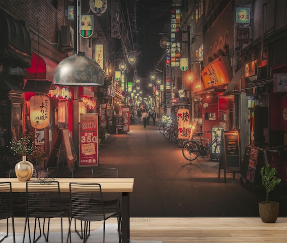 Japan Night Street Shops Wall Mural – Peel and Stick Wallpaper - Etsy