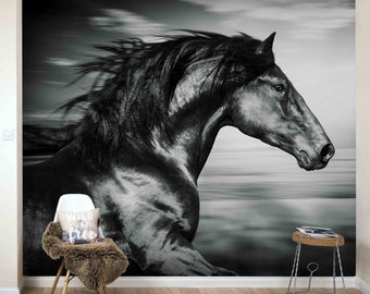 3D Galloping Black Horse Wallpaper, Removable Wall Mural, Vintage Wall Art