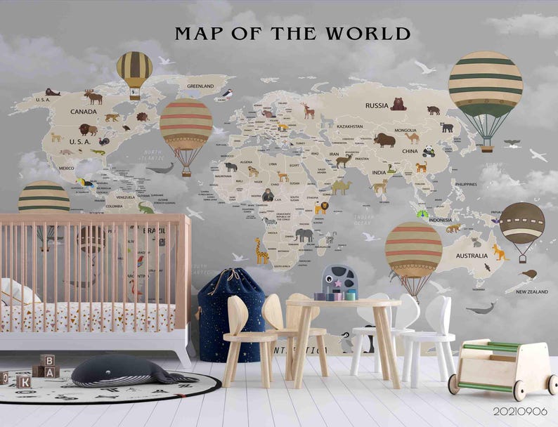 Animal World Map Wallpaper Mural – Kids Room Decor, Peel and Stick - Etsy
