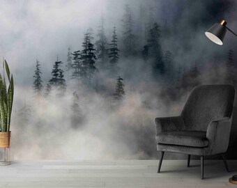 May include: A black armchair with a floor lamp in the foreground, against a backdrop of a misty forest scene with a potted plant in the corner.