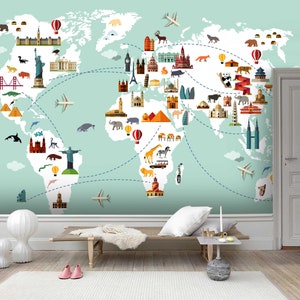 3D Cartoon World Map Building Animal Airplane Wallpaper Zdejmowana tapeta-Zdejmij i przyklej fototapetę,Tapeta do pokoju zabaw,R