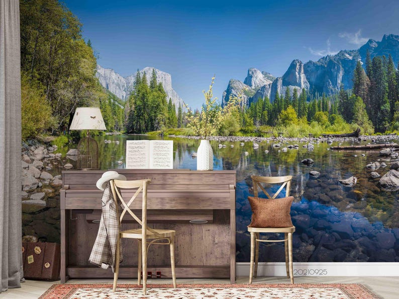 Mountain Stream Wallpaper Mural – 3D Forest Landscape, Peel and Stick ...