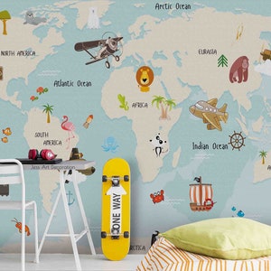 3D Mapa del mundo de dibujos animados Avión Barco Animal Niños Paisaje Papel pintado Papel pintado extraíble-Peel and stick Mural de pared, Papel pintado de sala de juegos Decoración de pared,r