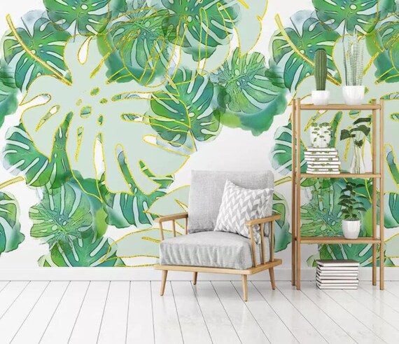 3D Tropical Leaves Green Self-adhesive Removable Wallpaper Murals Wall Sticker